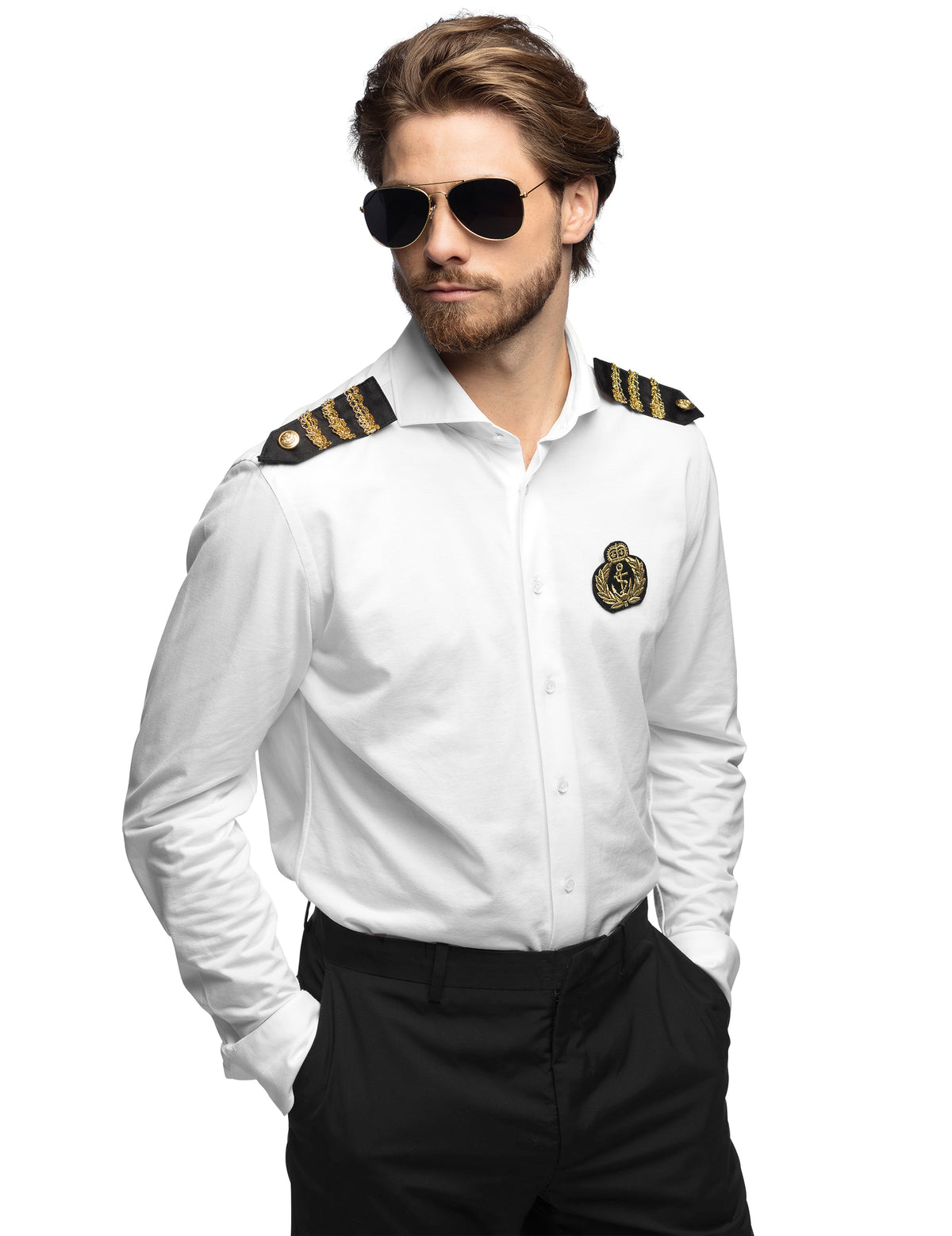 Set accessoires capitaine pour adulte blanc et doré avec épaulettes et écusson