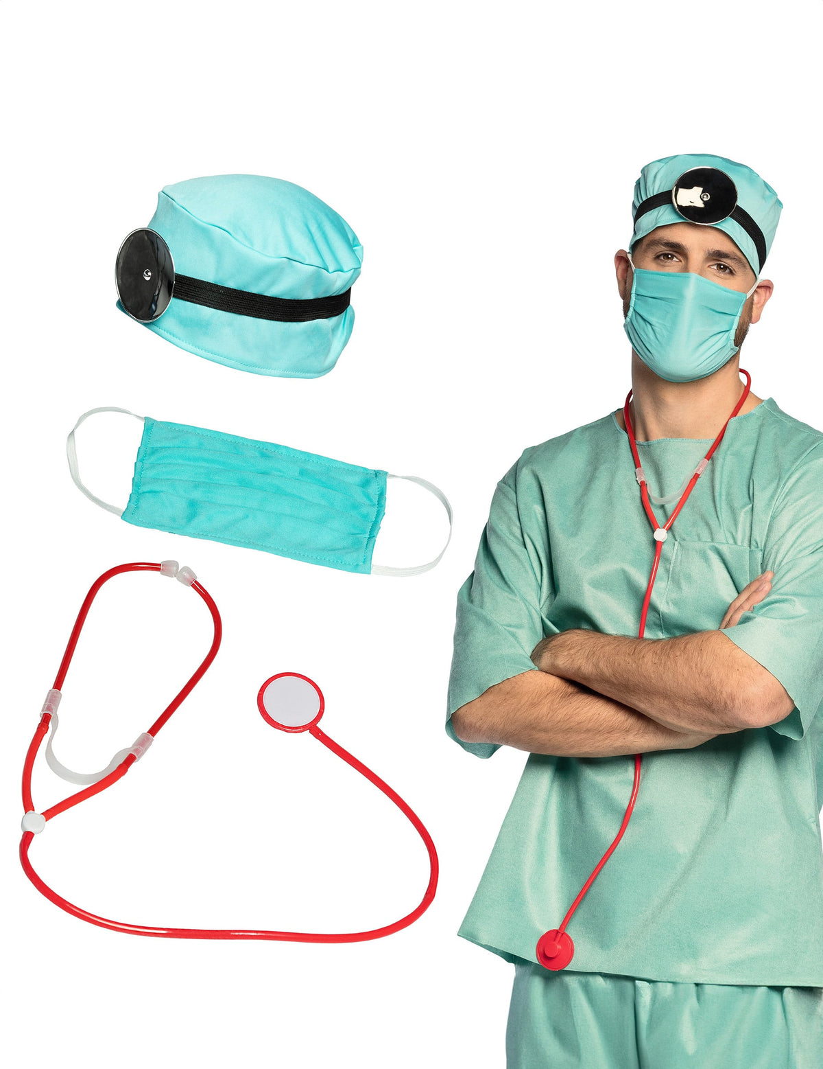Set accessoires docteur pour adulte bleu turquoise et rouge avec stéthoscope et miroir frontal