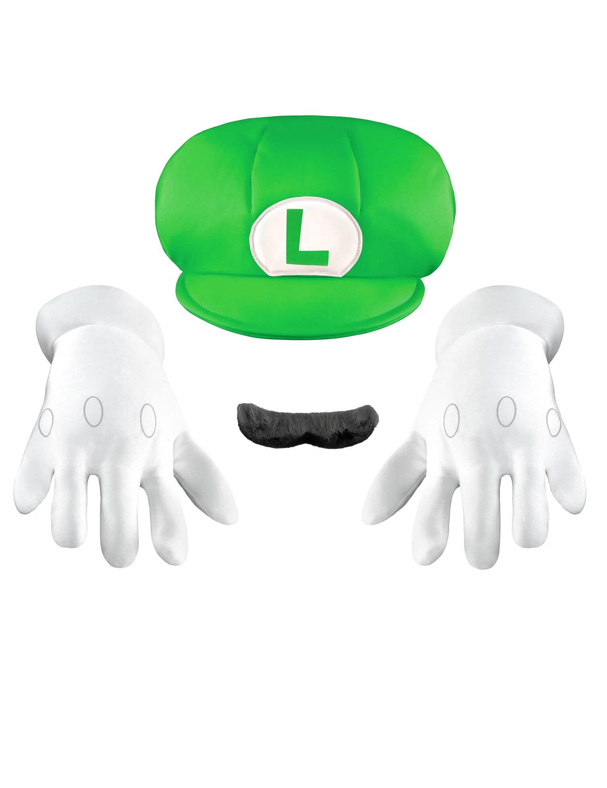 Vista geral da boné, das luvas e do bigode do Set de acessórios Luigi™ para adulto