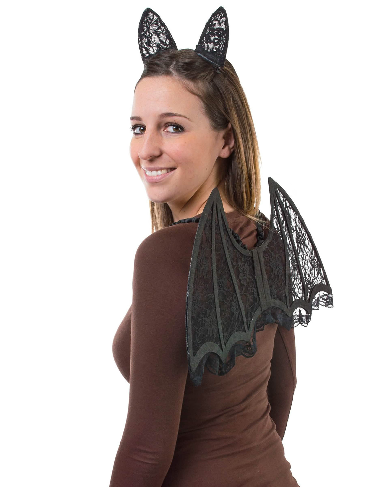 Conjunto de asas e orelhas de morcego para mulher em renda preta