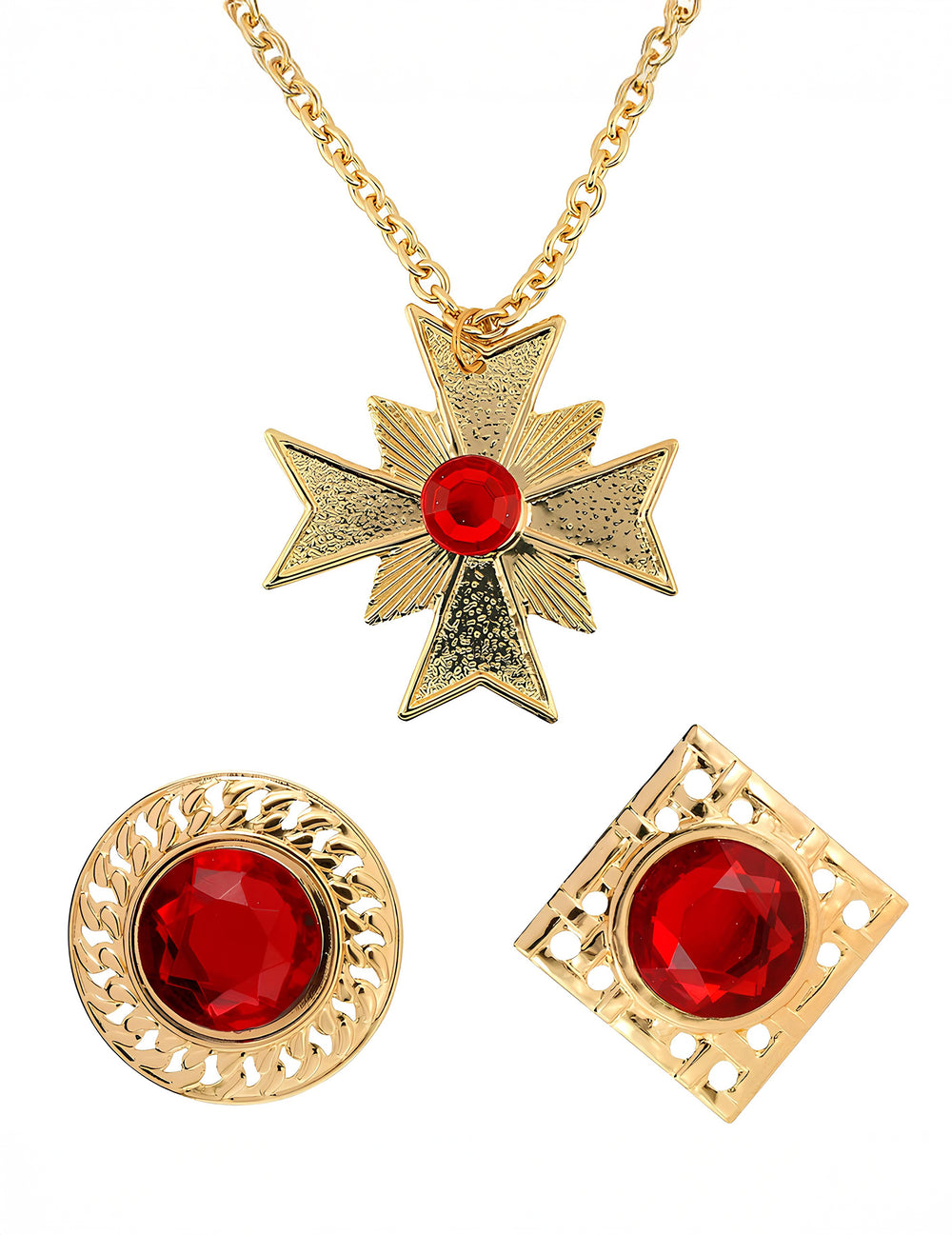 Set bijoux vampire pour adulte doré et rouge avec pendentif croix