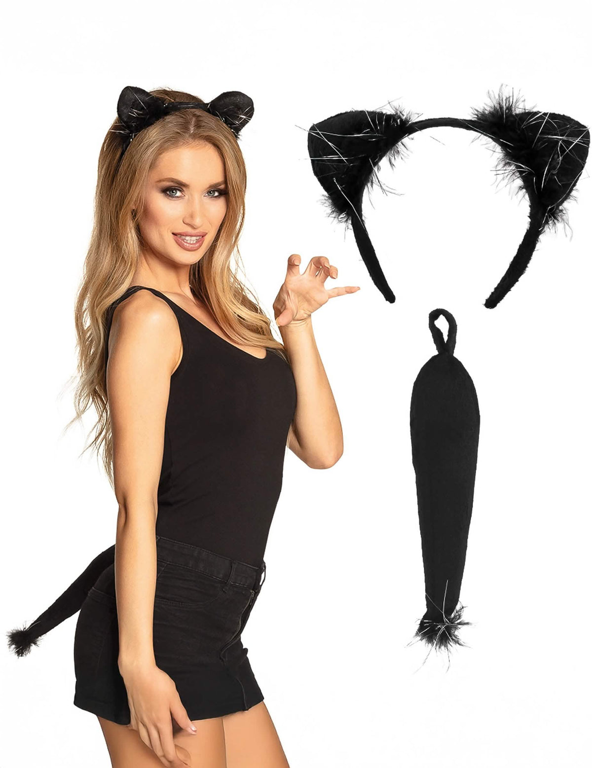 Set de gato para adulto preto com bandolete, orelhas e cauda