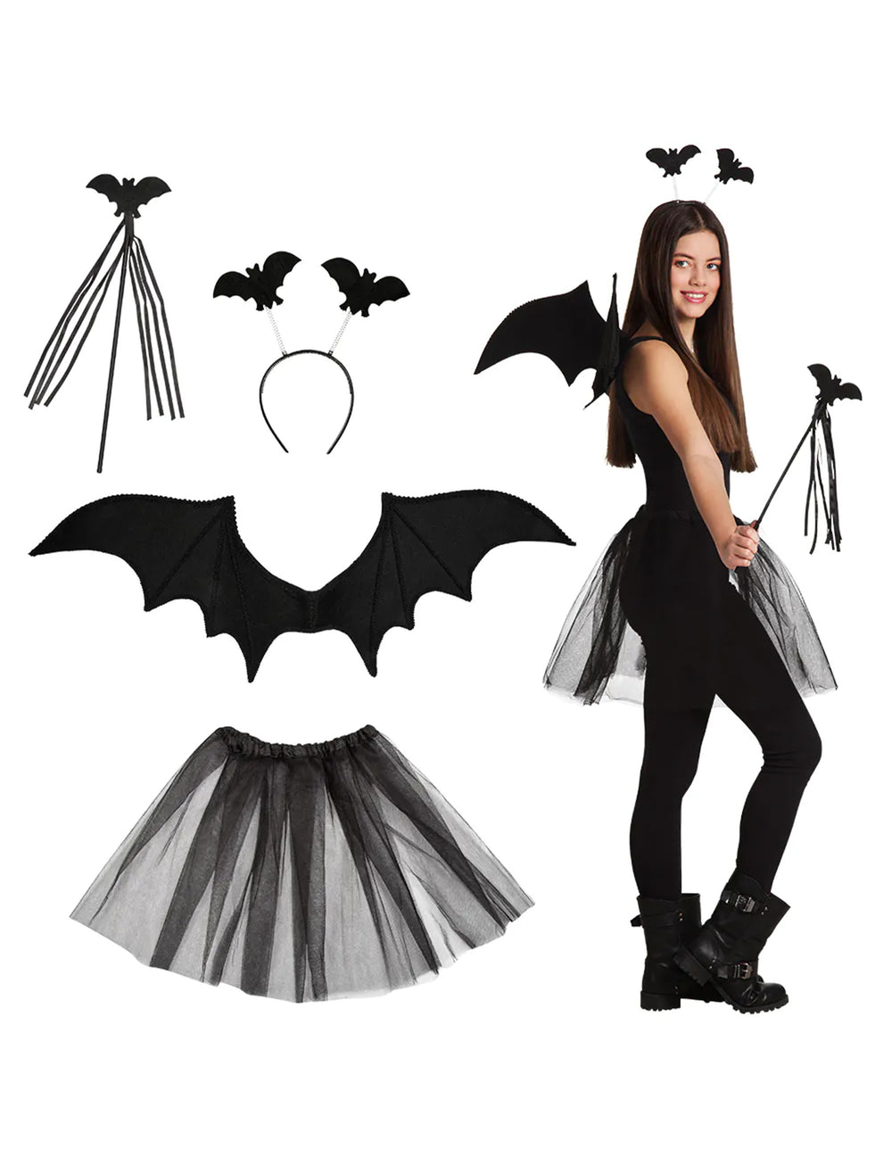 Set chauve-souris pour adulte noir avec ailes, tutu, serre-tête et baguette