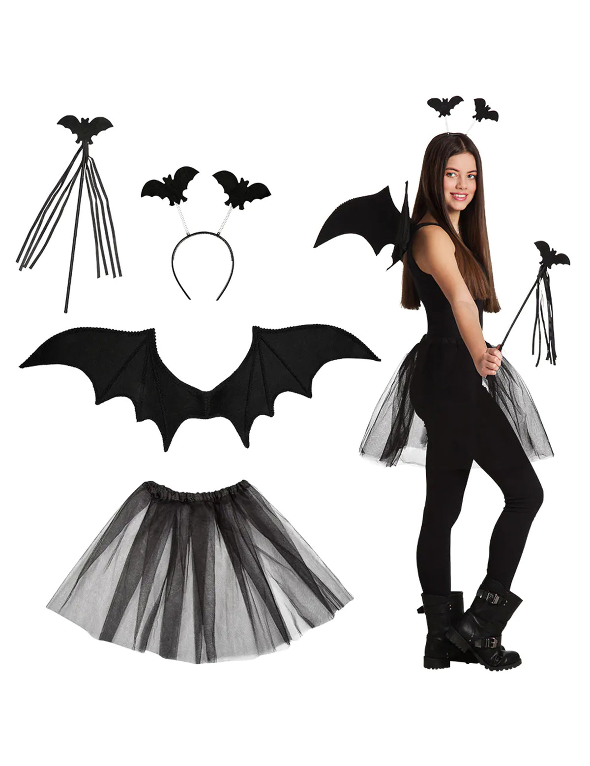 Set chauve-souris pour adulte noir avec ailes, tutu, serre-tête et baguette