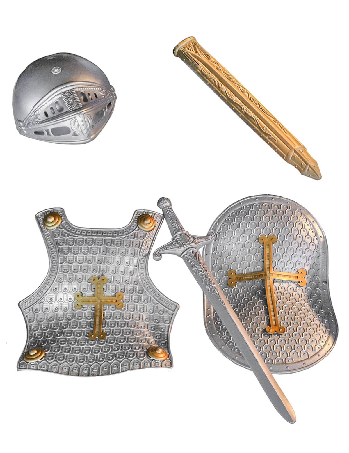 Conjunto de cavaleiro prateado para criança com peitoral, capacete, escudo e espada