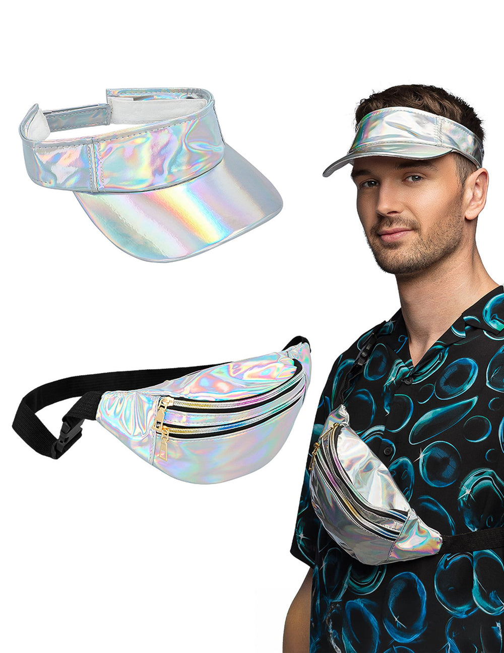 Set d'accessoires festival holographiques pour adulte argenté avec visière et sac banane