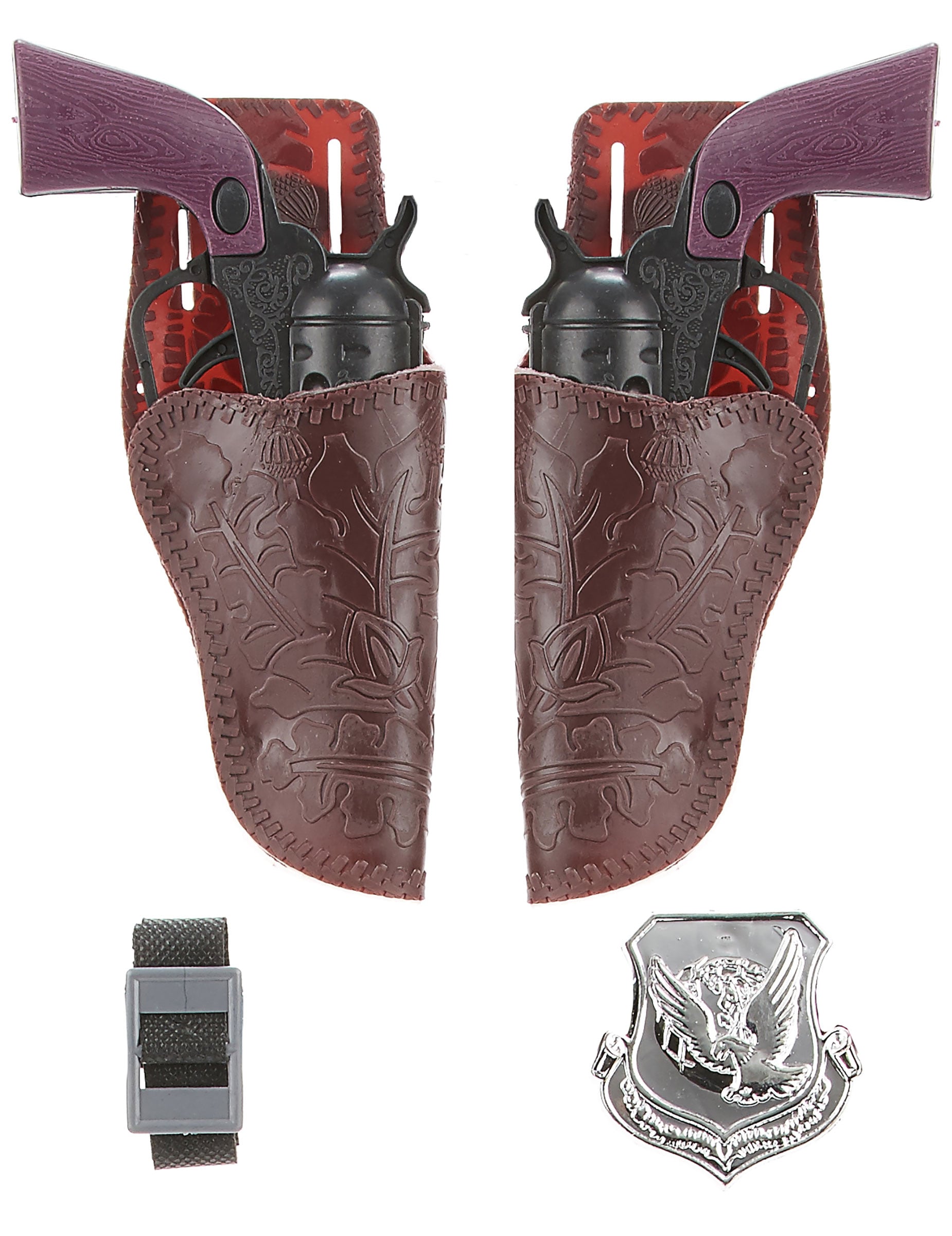 Set de 2 pistolets cow boy pour enfant avec holsters marrons et insigne de shérif