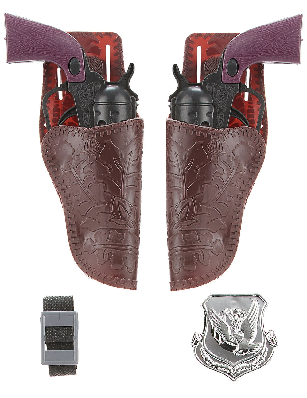 Set de 2 pistolets cow boy pour enfant avec holsters marrons et insigne de shérif