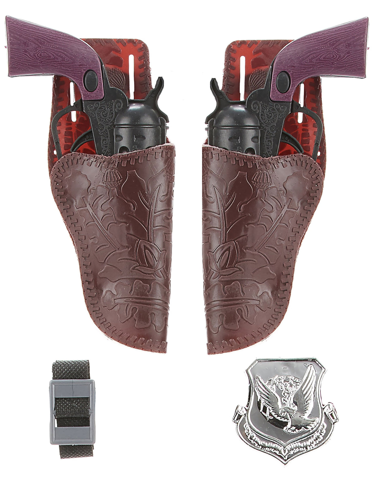 Set de 2 pistolets cow boy pour enfant avec holsters marrons et insigne de shérif