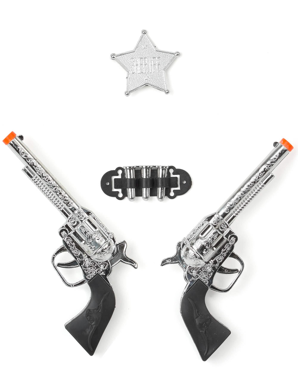 Conjunto de 2 pistolas de plástico de cowboy para criança prateado com estrela de xerife