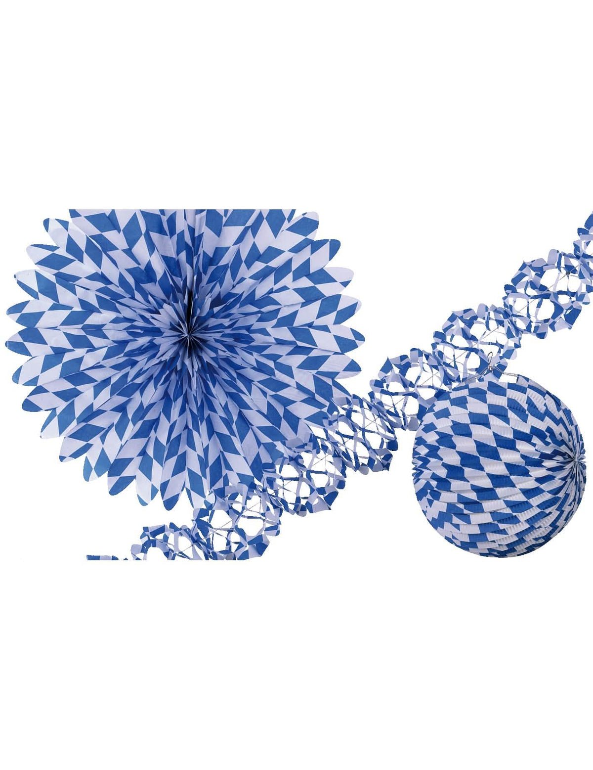 Conjunto de decoração azul e branco para festa com motivos de losangos