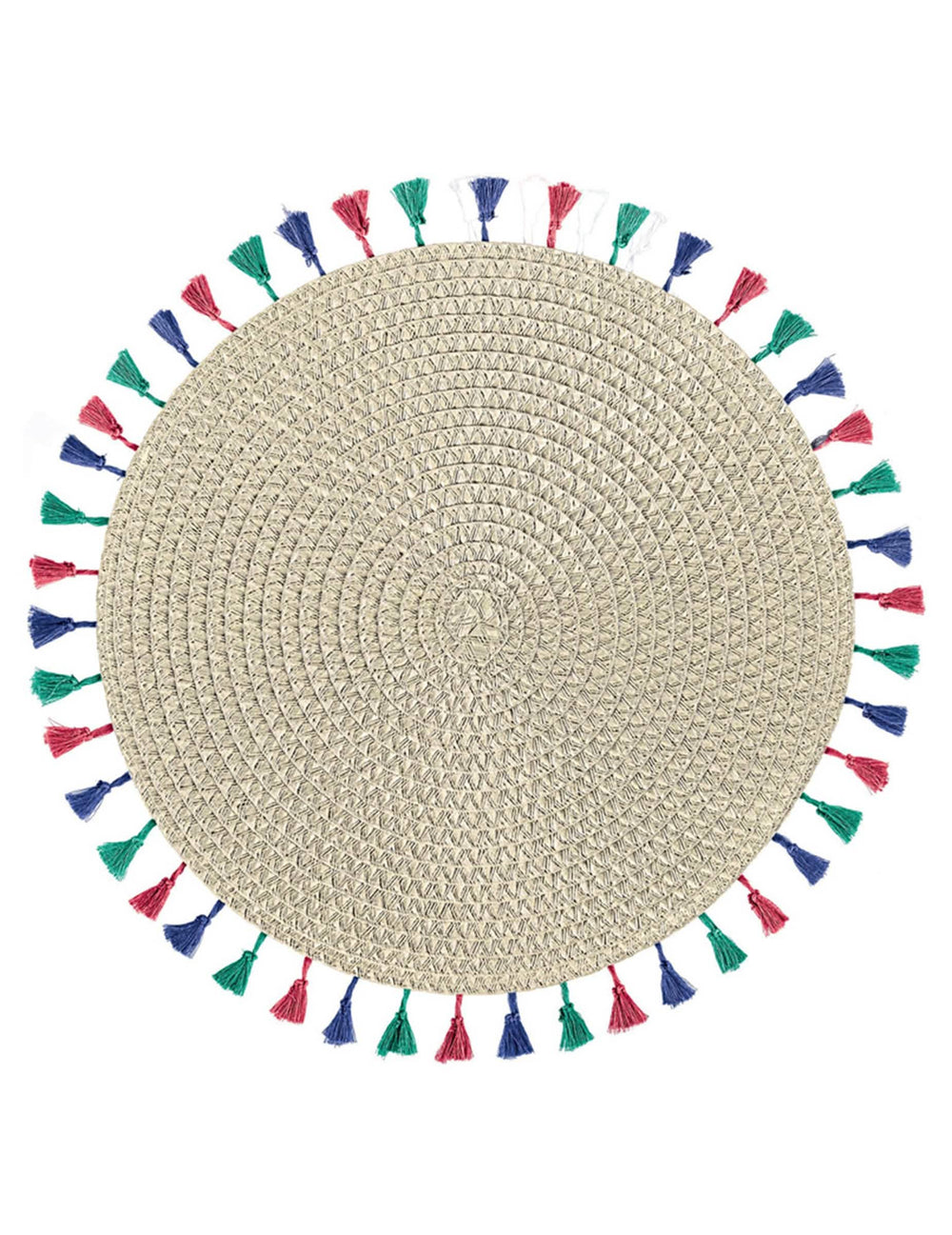 Conjunto de mesa boho vibes bege redondo com pompons multicoloridos
