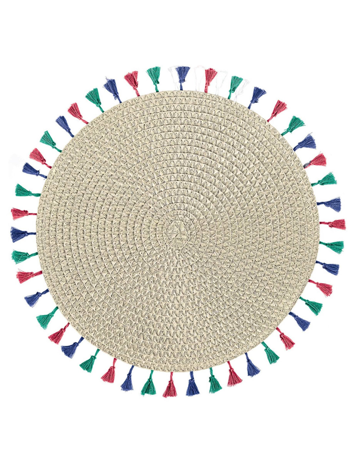 Conjunto de mesa boho vibes bege redondo com pompons multicoloridos