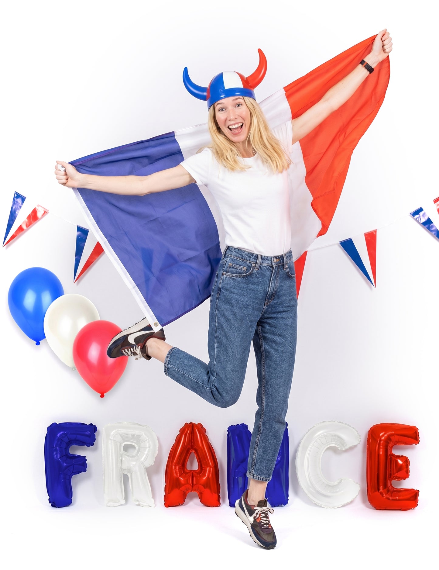 Set décoration salle supporter France pour adulte bleu blanc rouge avec drapeau et ballons