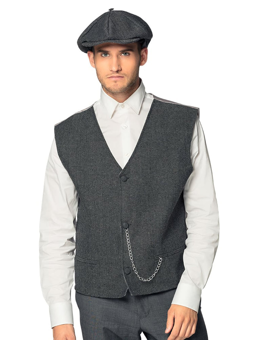 Set déguisement années 20 pour homme gris avec gilet à chevrons et casquette