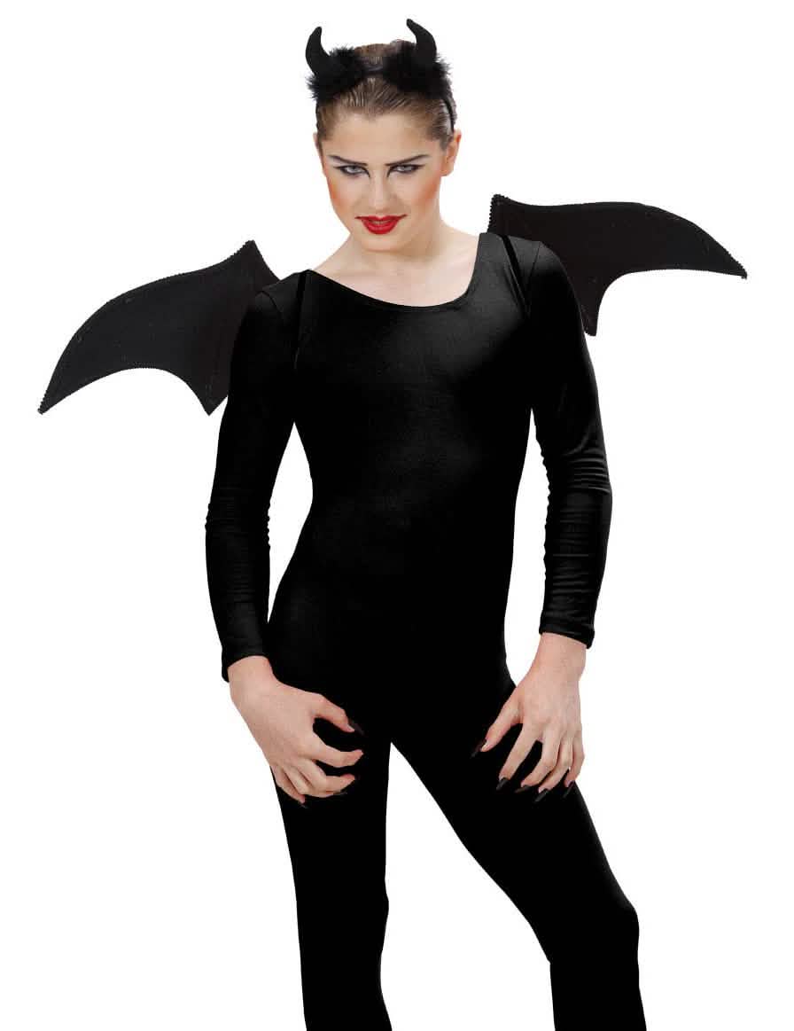 Set de demónio de halloween para mulher preto com asas e cornos