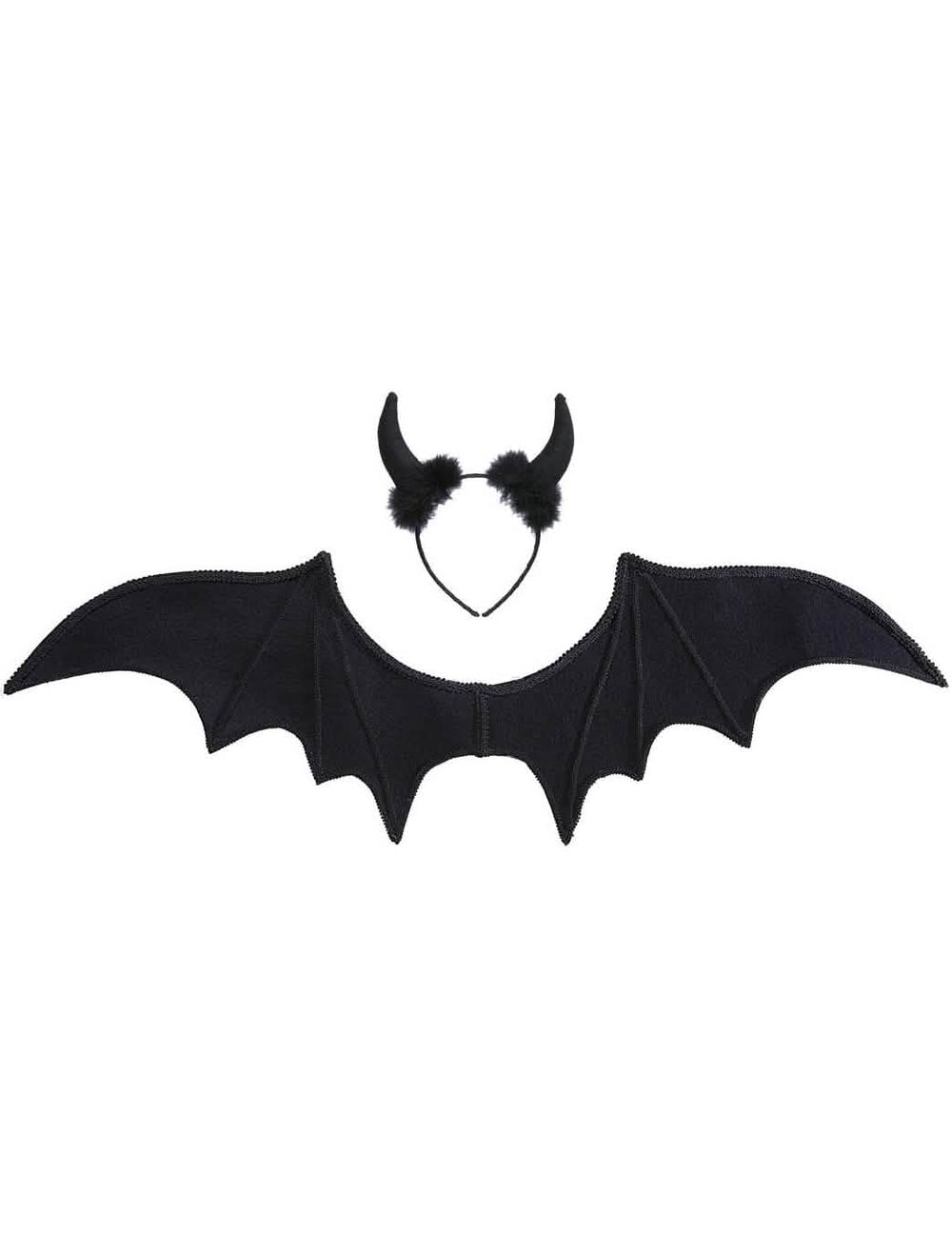Vista das asas e da bandolete do conjunto de demónio de halloween para mulher