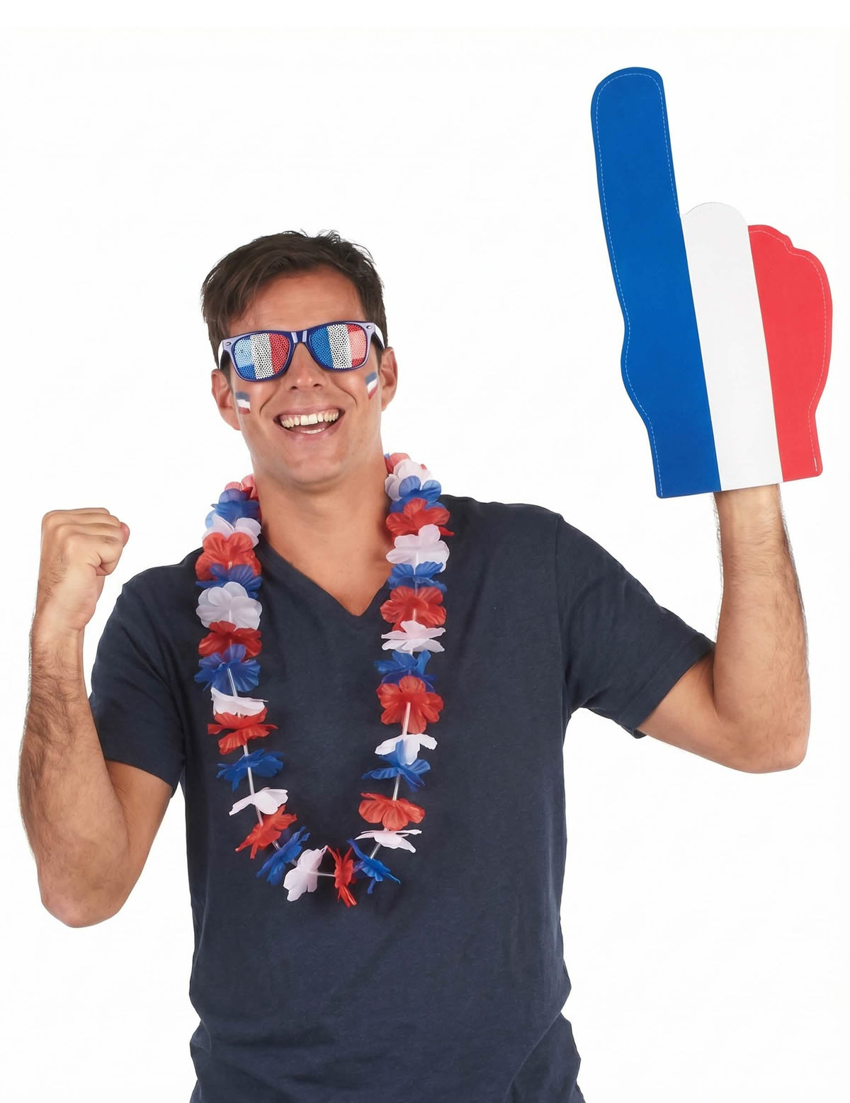 Set de adepto frança para adulto com óculos, colar havaí e mão gigante azul branco vermelho