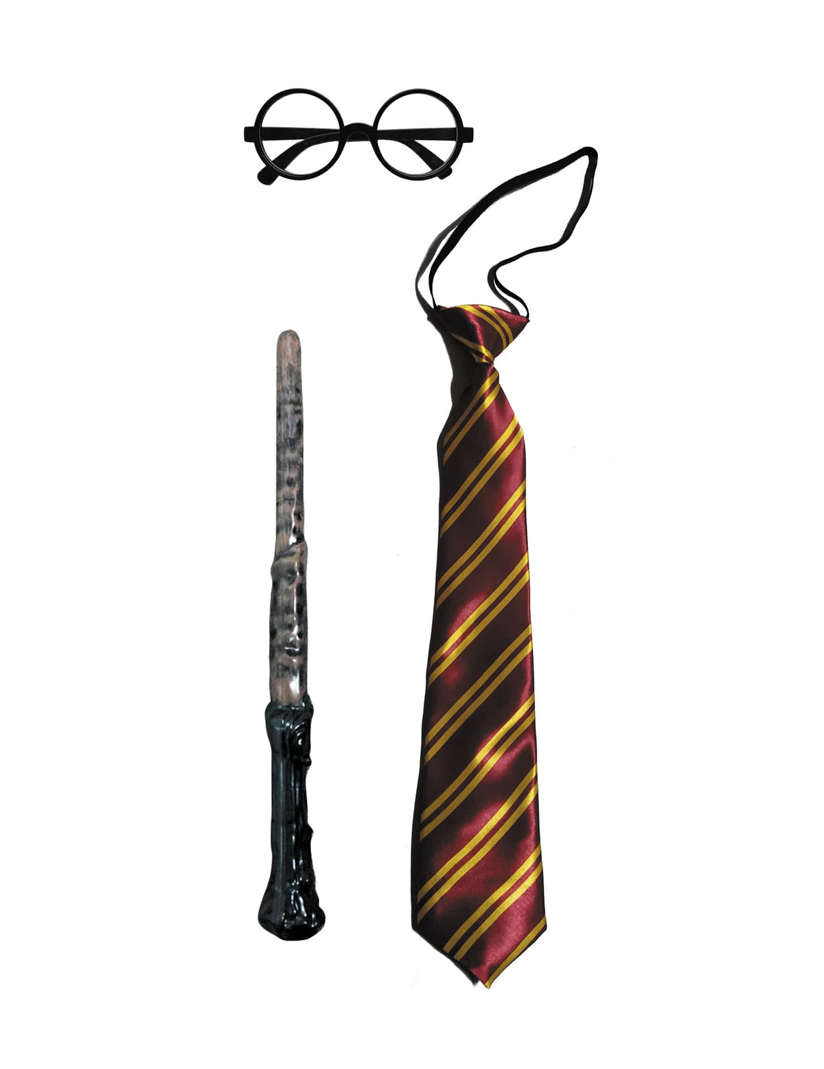 Set écolier magicien pour enfant avec cravate rayée bordeaux et jaune lunettes et baguette