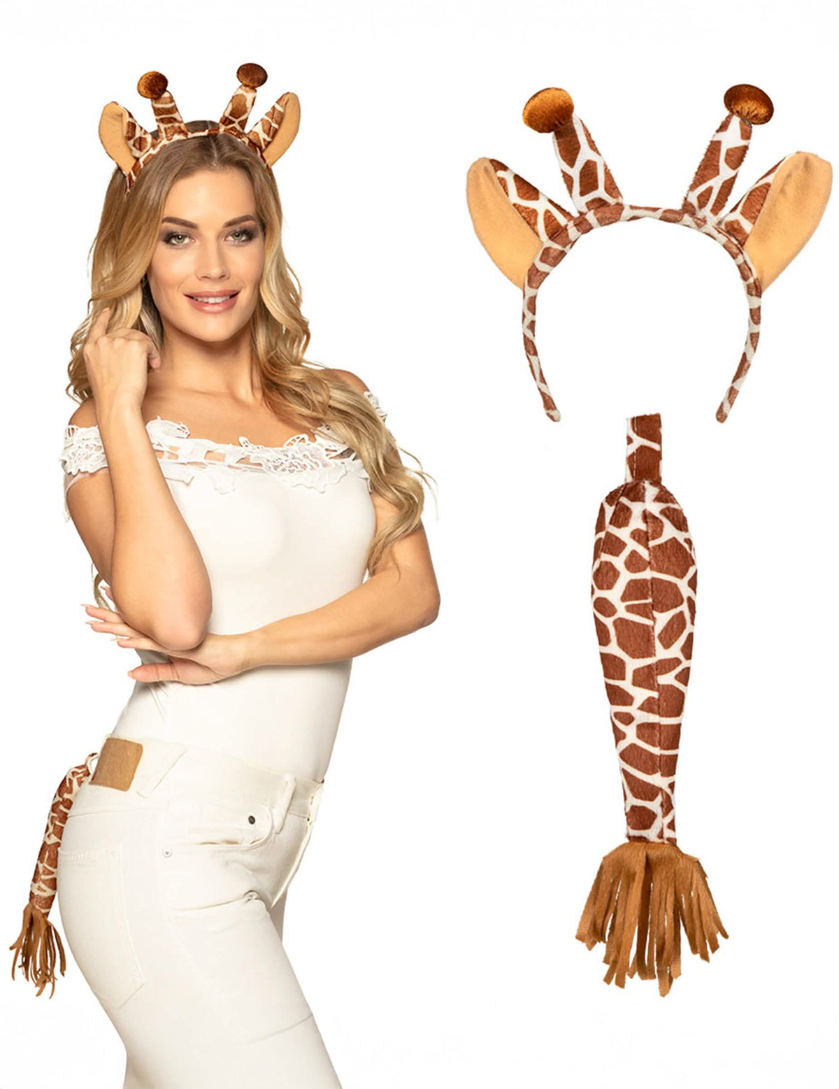 Conjunto de girafa para adulto castanho e branco com bandolete e cauda