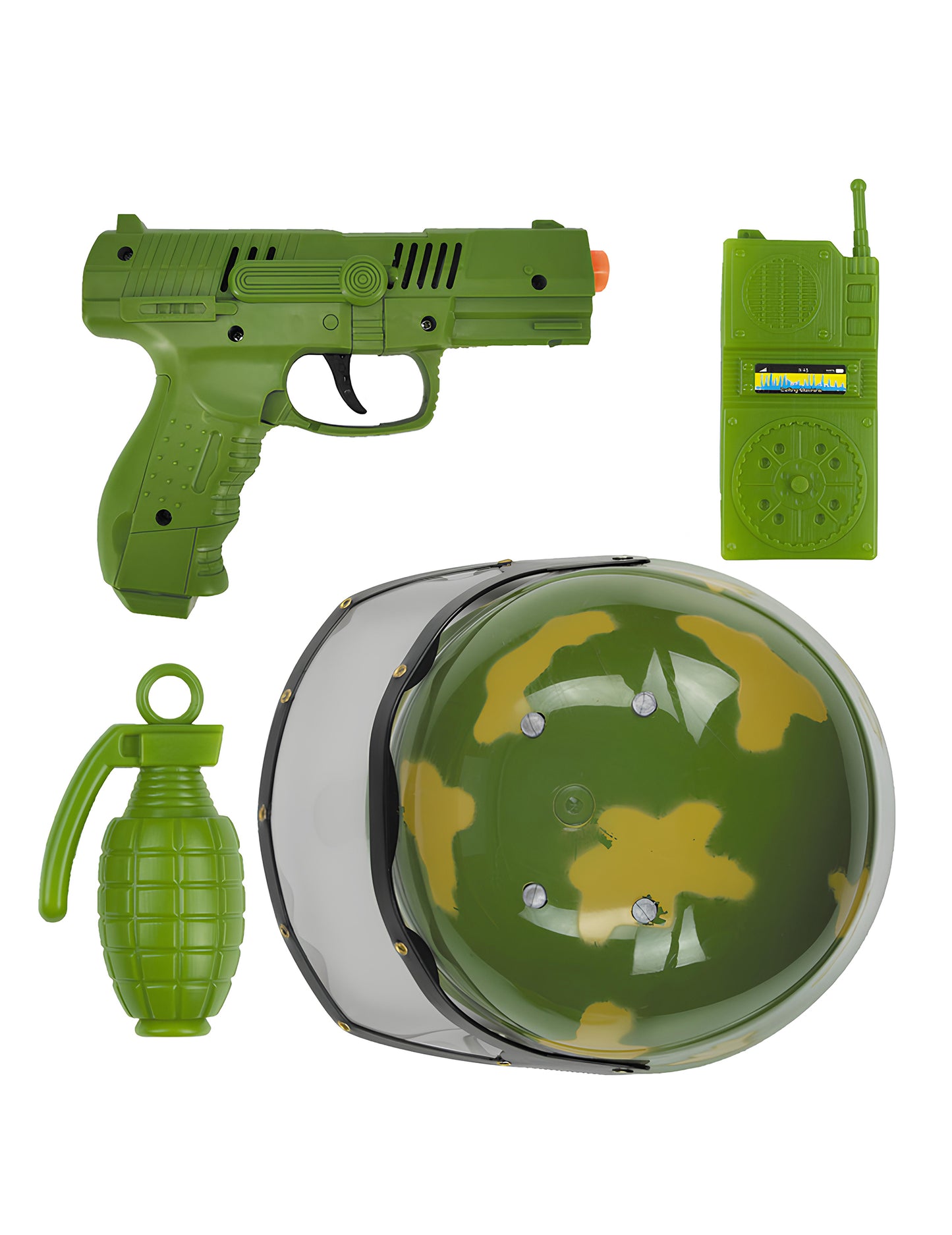 Set militaire pour enfant vert avec casque pistolet grenade et talkie-walkie