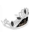 Detalhe da tiara prateado do conjunto de faixa e tiara Miss Perfeita