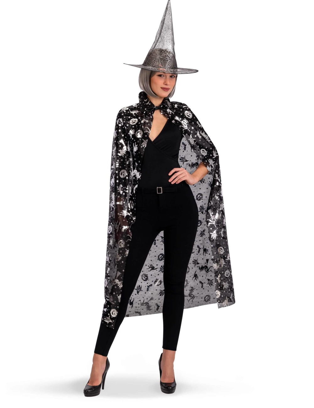 Conjunto de bruxa com chapéu e capa para mulher preto e prateado