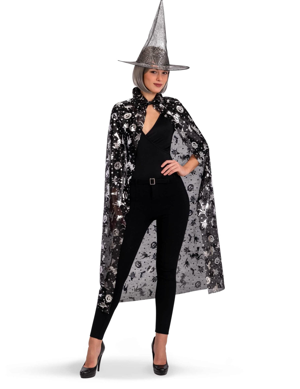 Conjunto de bruxa com chapéu e capa para mulher preto e prateado