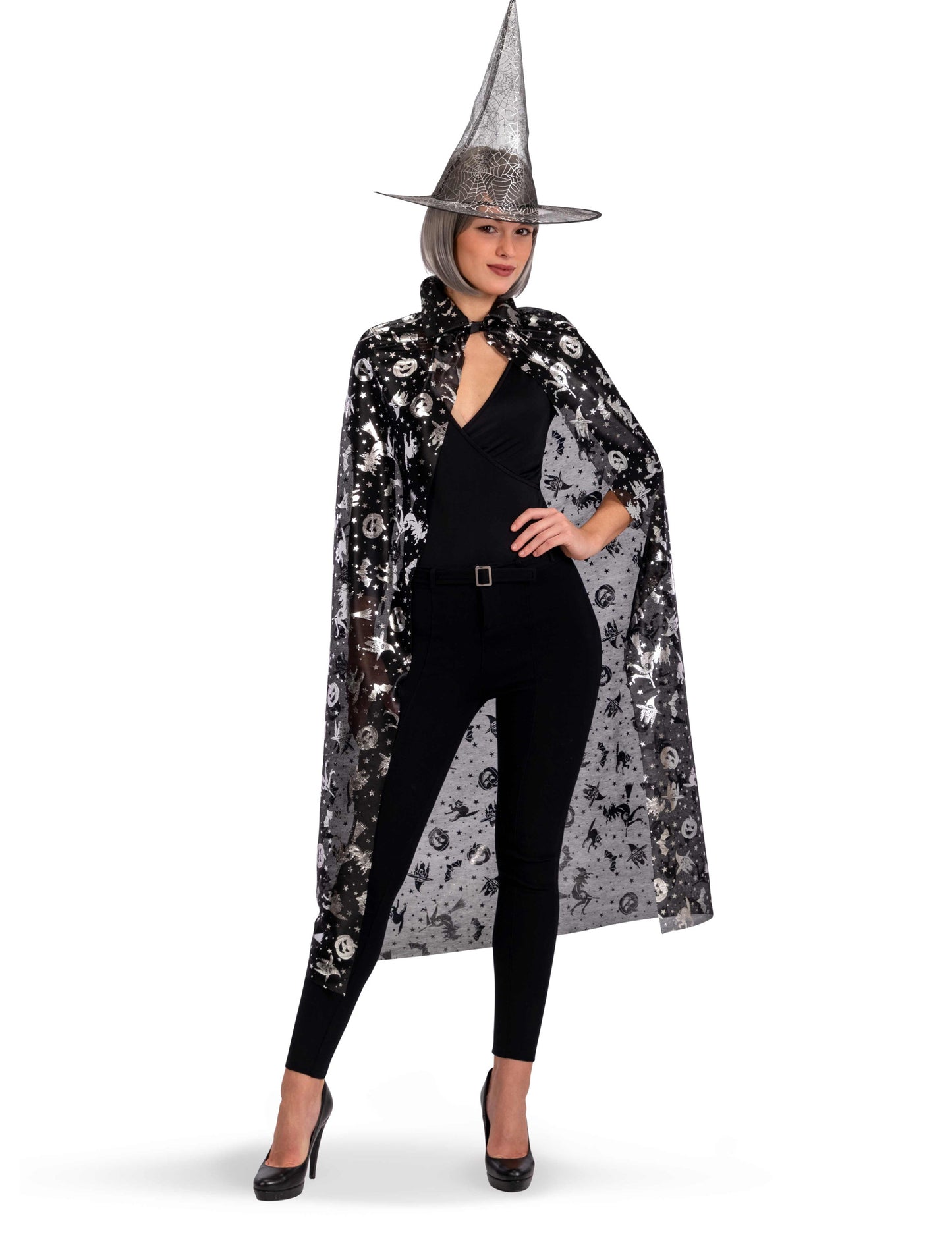 Set de sorcière chapeau et cape pour femme noir et argent