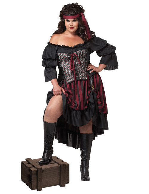 Déguisement de pirate pour femme noir et bordeaux avec corset et bandeau