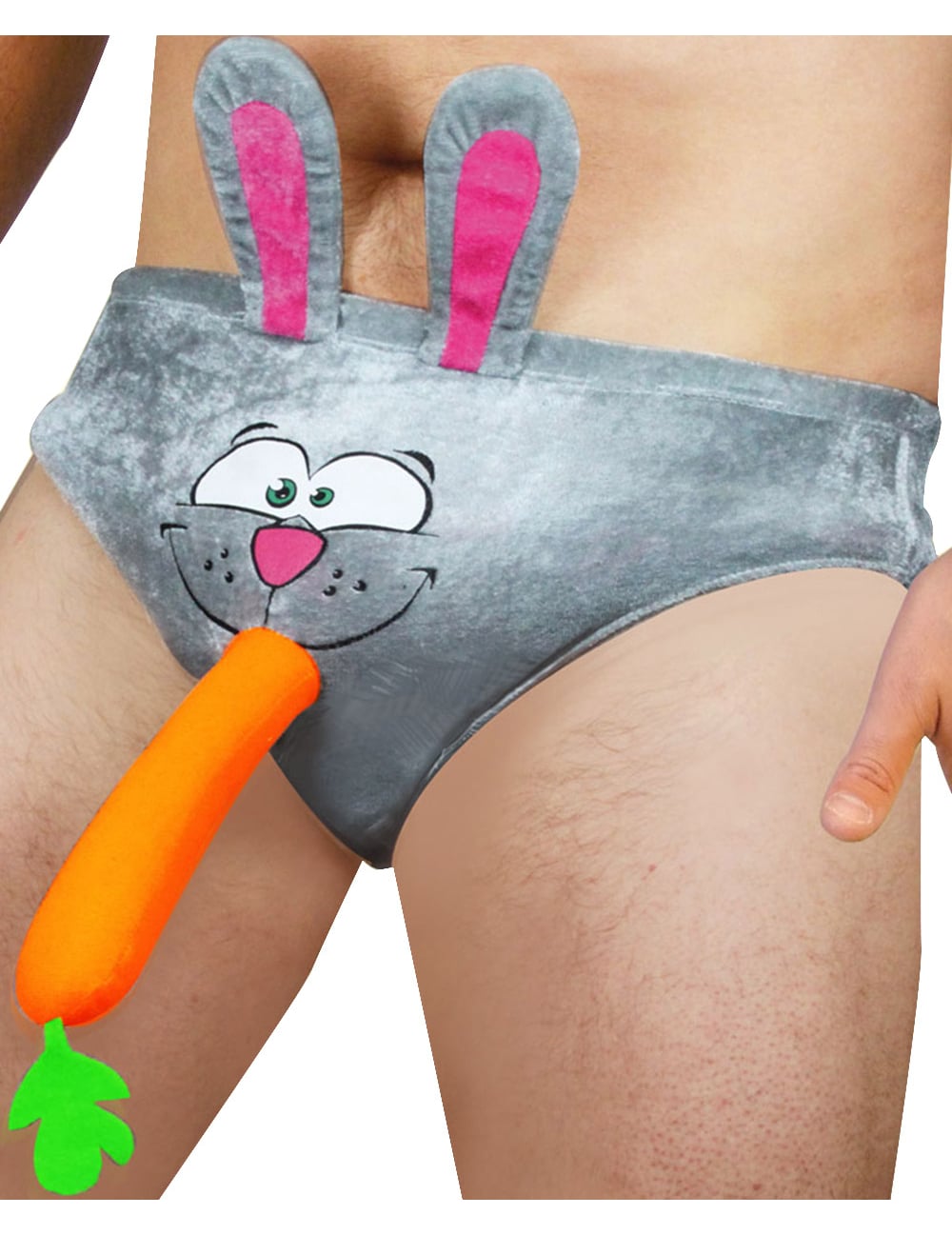 Gros plan sur la carotte et les oreilles du slip humoristique tête de lapin
