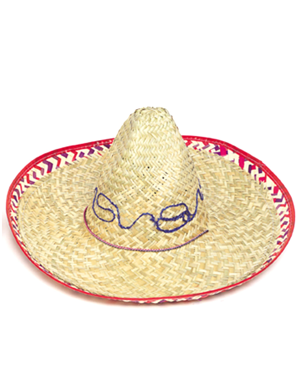 Sombrero mexicain pour adulte en paille avec bordure rouge et motifs violets