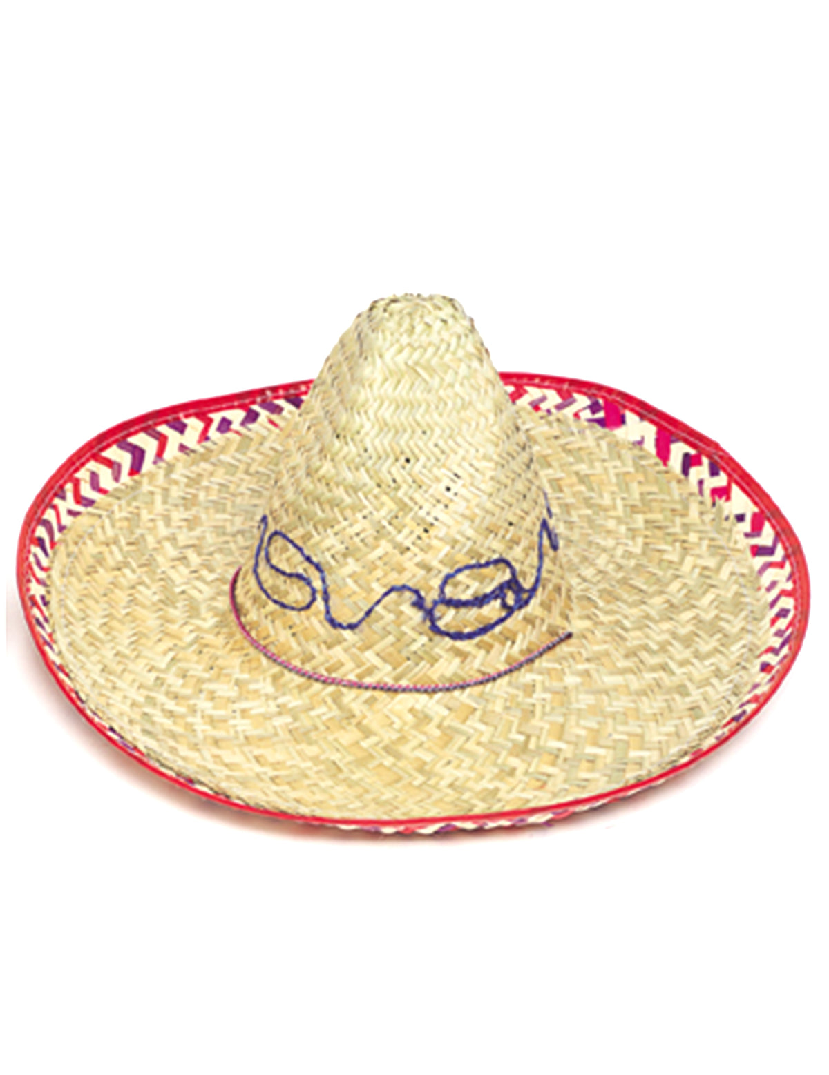 Sombrero mexicain pour adulte en paille avec bordure rouge et motifs violets