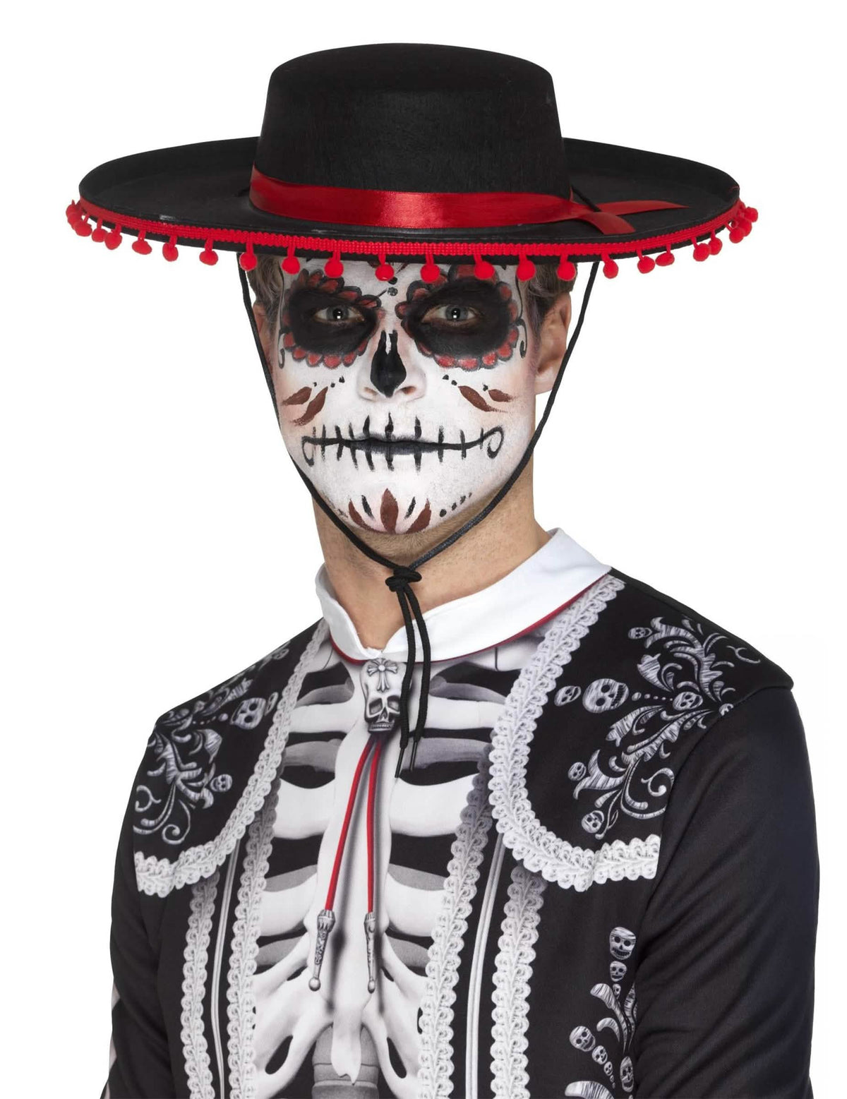 Chapéu Dia de los Muertos para adulto preto com fita e pompons vermelhos