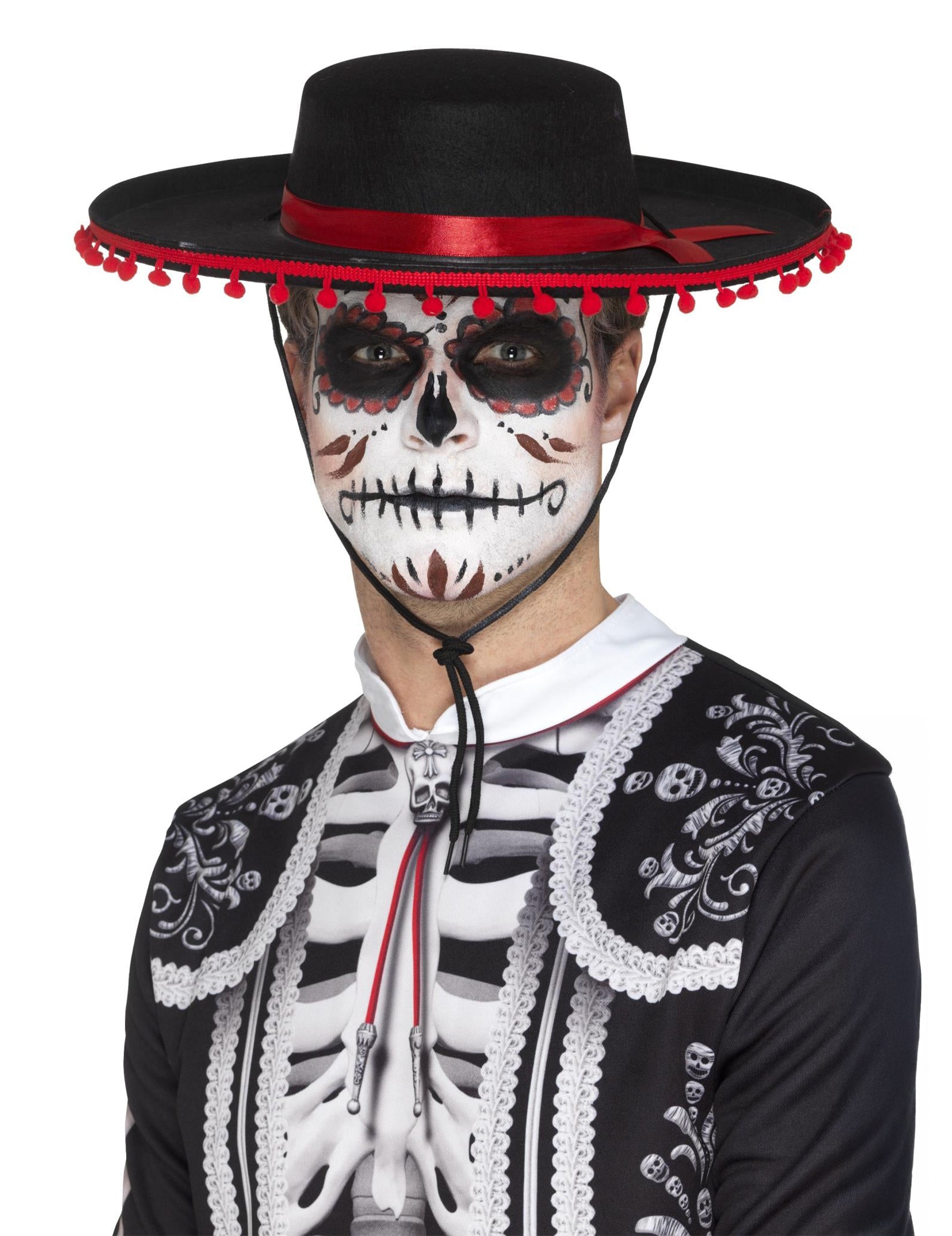 Sombrero Dia de los Muertos pour adulte noir avec ruban et pompons rouges