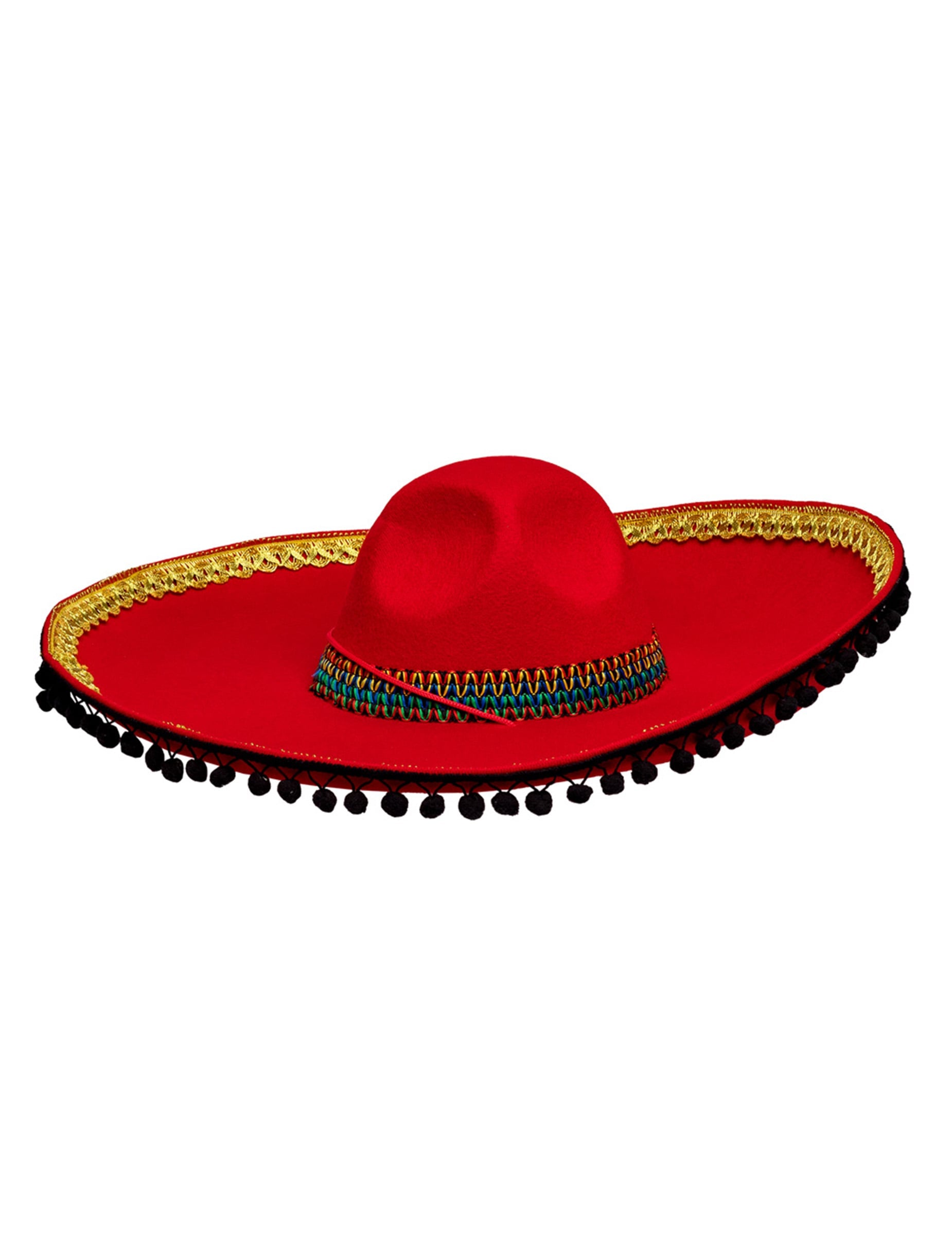 Vue de face du sombrero mexicain pour adulte rouge à pompons deluxe