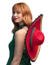 Sombrero mexicain pour adulte rouge à pompons deluxe avec liseré doré