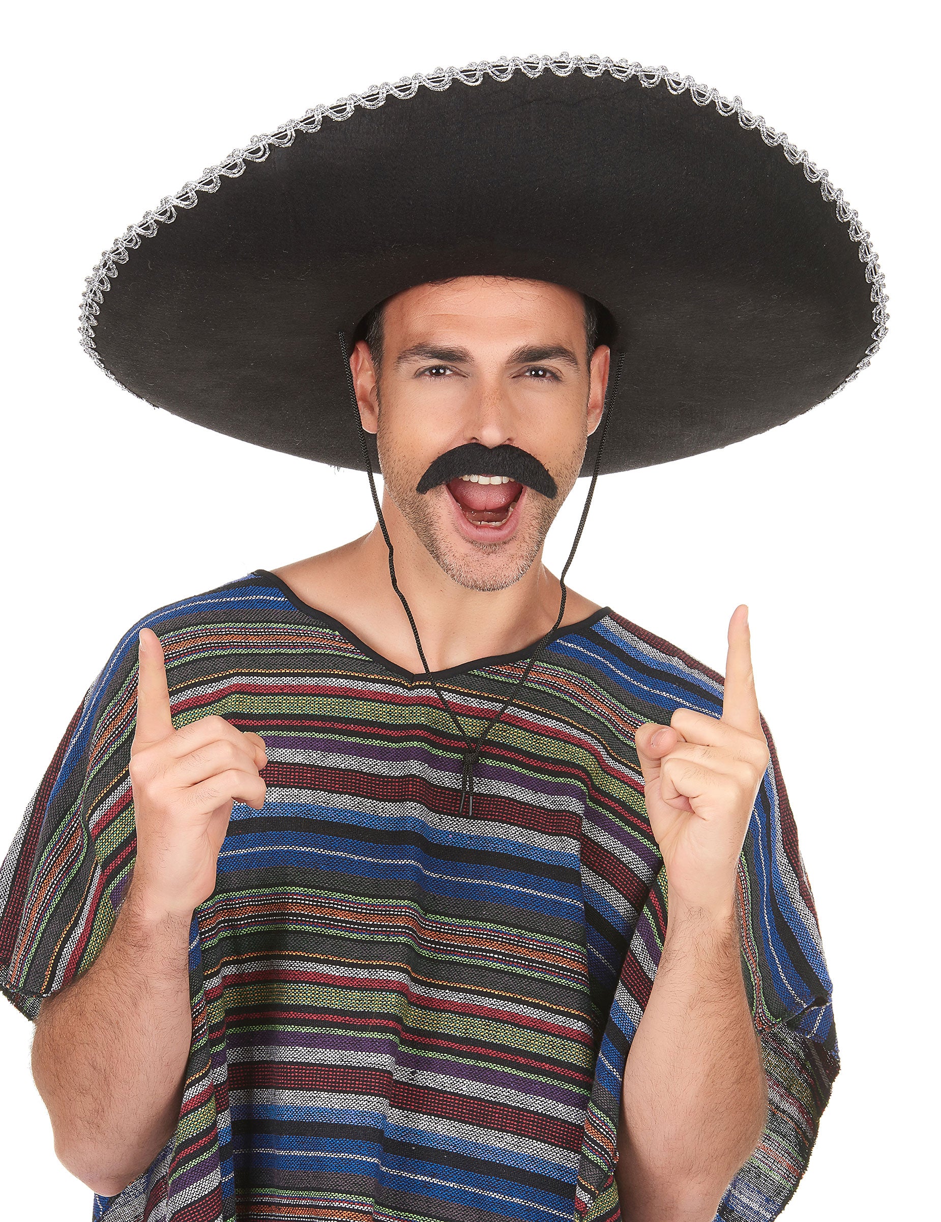 Mise en situation avec moustache du Sombrero pour adulte noir avec bordure argentée