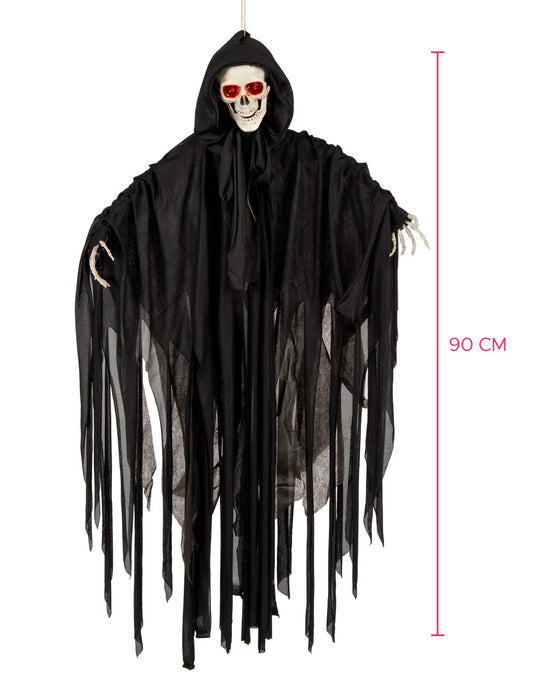 Dimensões com escala de medida do esqueleto de halloween luminoso, sonoro e animado