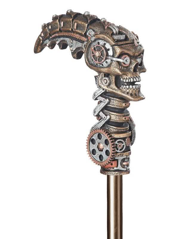 Detalhe da pega com cabeça de morte mecânica da bengala steampunk
