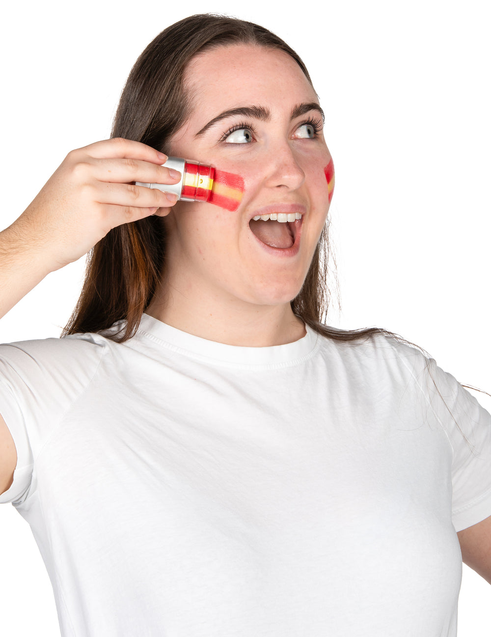 Application sur la joue du stick de maquillage supporter Espagne