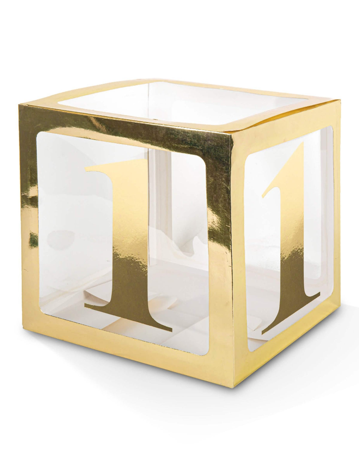 Mise en situation sur une boîte transparente do sticker chiffres dourado para decoração de festa