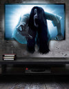 Sticker mural télé possédée pour décoration Halloween bleu et blanc
