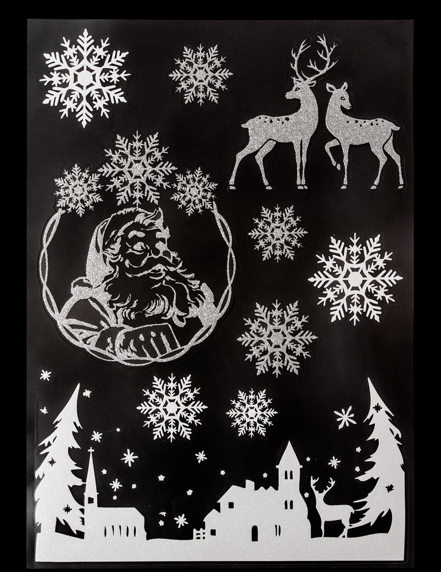Stickers pour vitre village de noël et flocons pour décoration argentés pailletés
