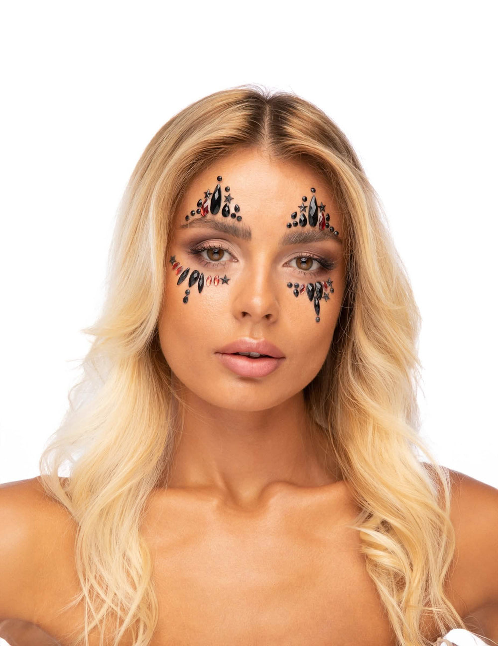 Strass adesivos para rosto de arlequim do mal para mulher preto e vermelho
