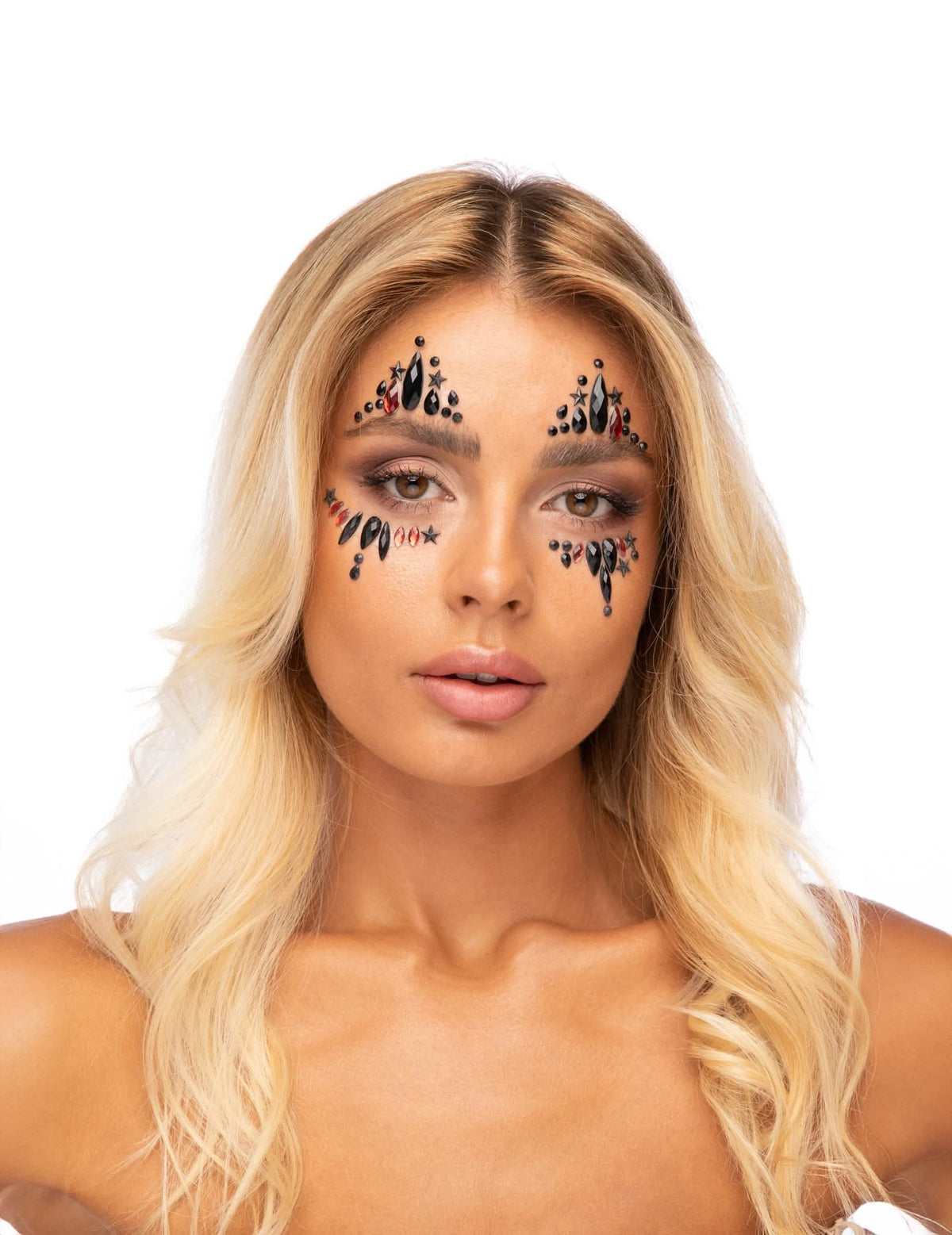 Strass adesivos para rosto de arlequim do mal para mulher preto e vermelho