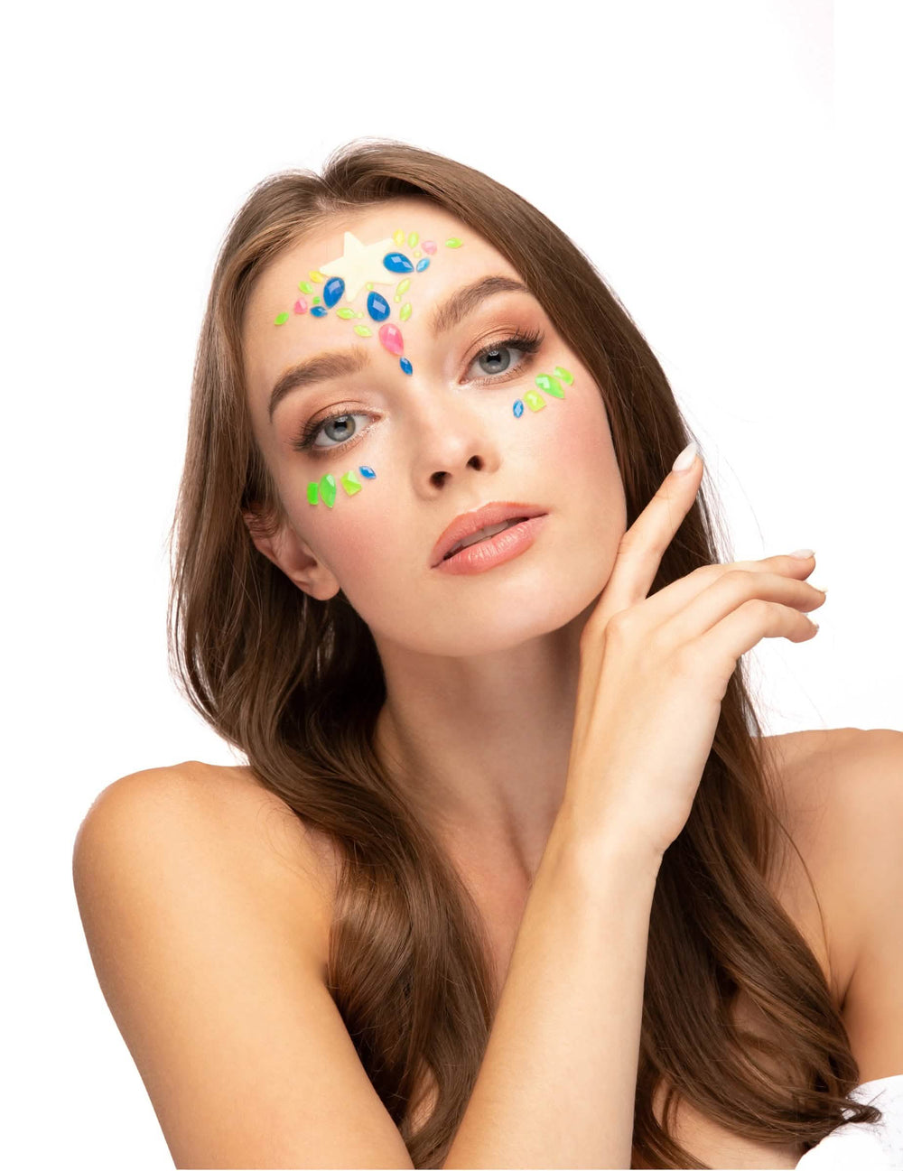 Vue de face des strass adhésifs pour visage étoilés phosphorescents