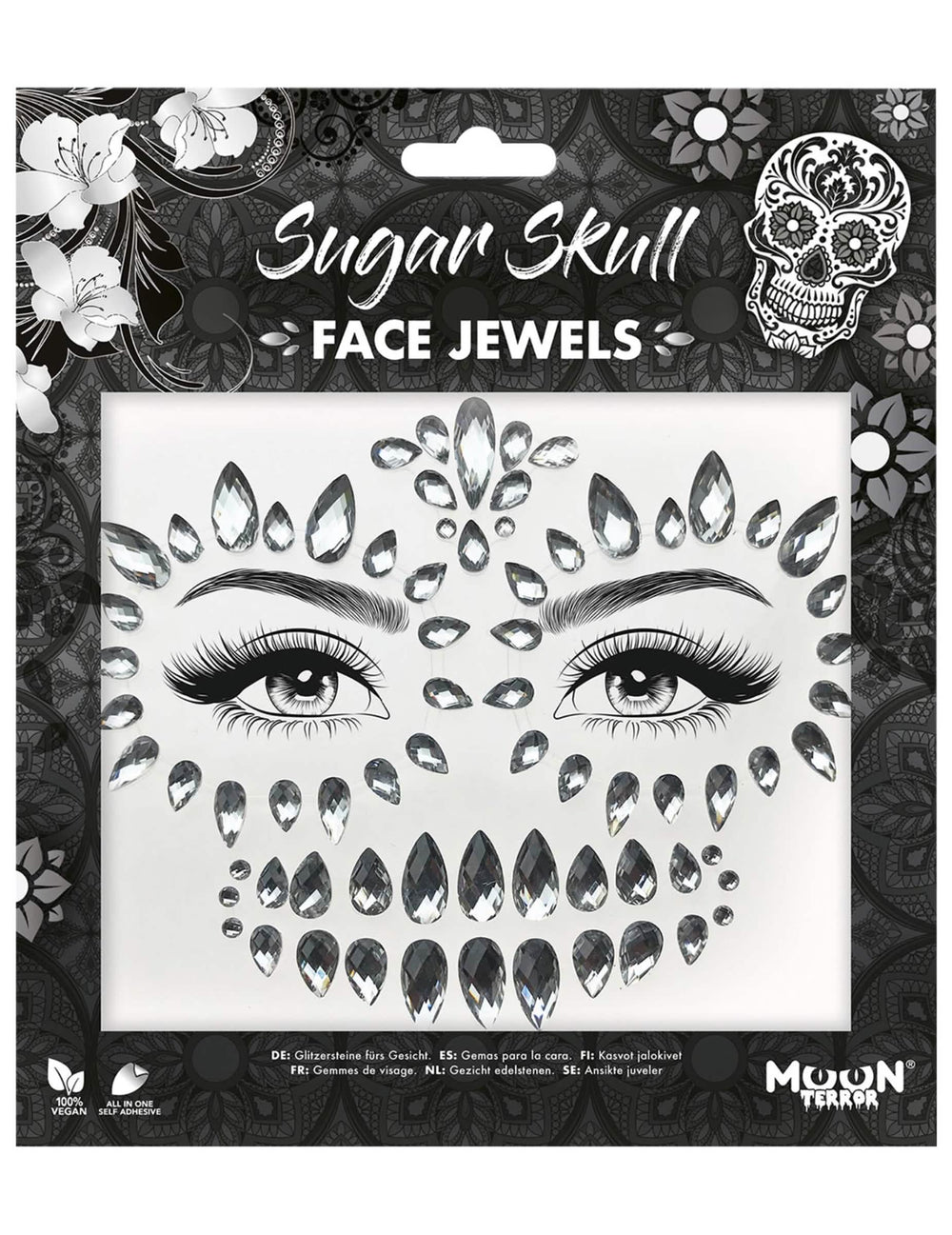 Détail de l'emballage des strass adhésifs pour visage squelette