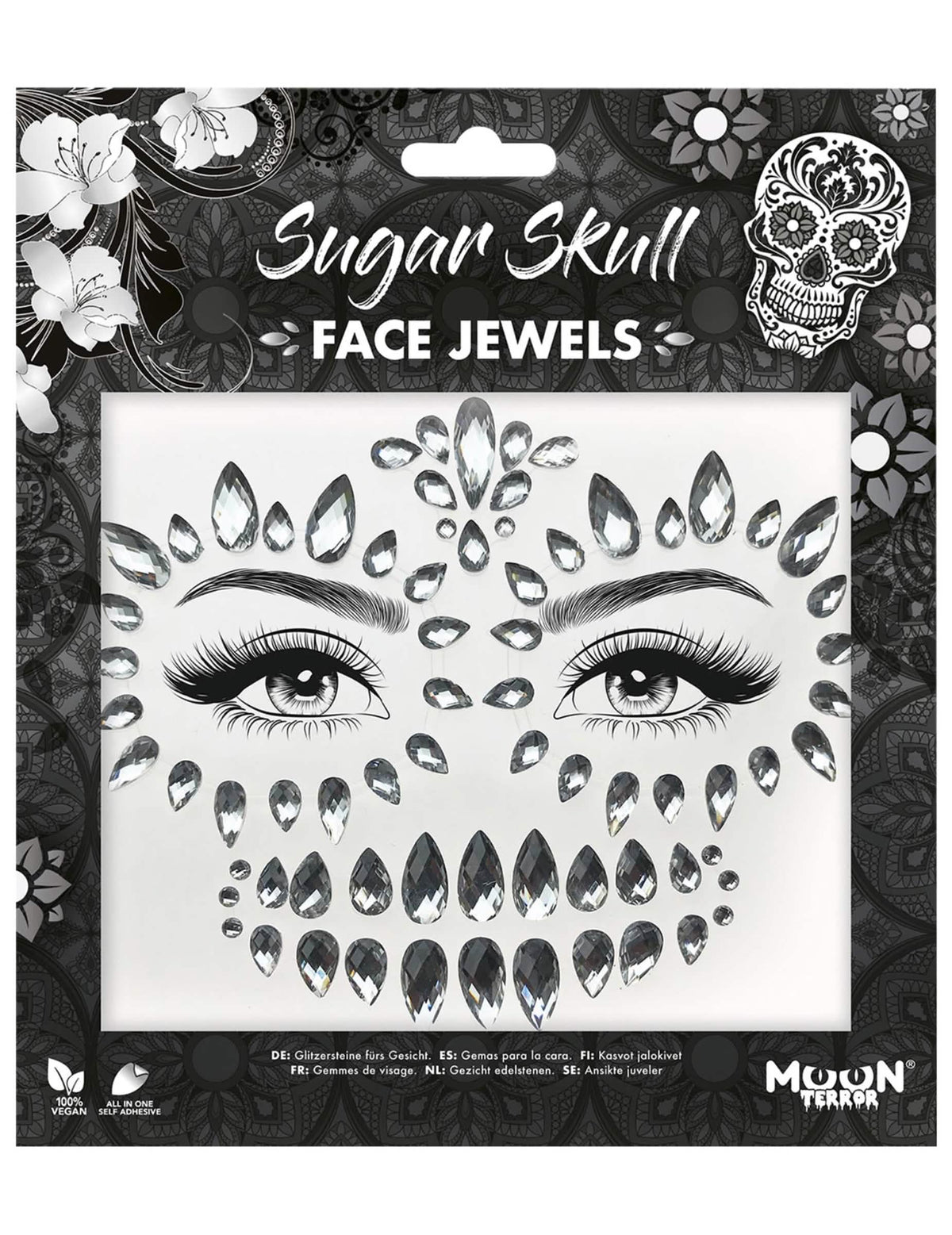 Détail de l'emballage des strass adhésifs pour visage squelette