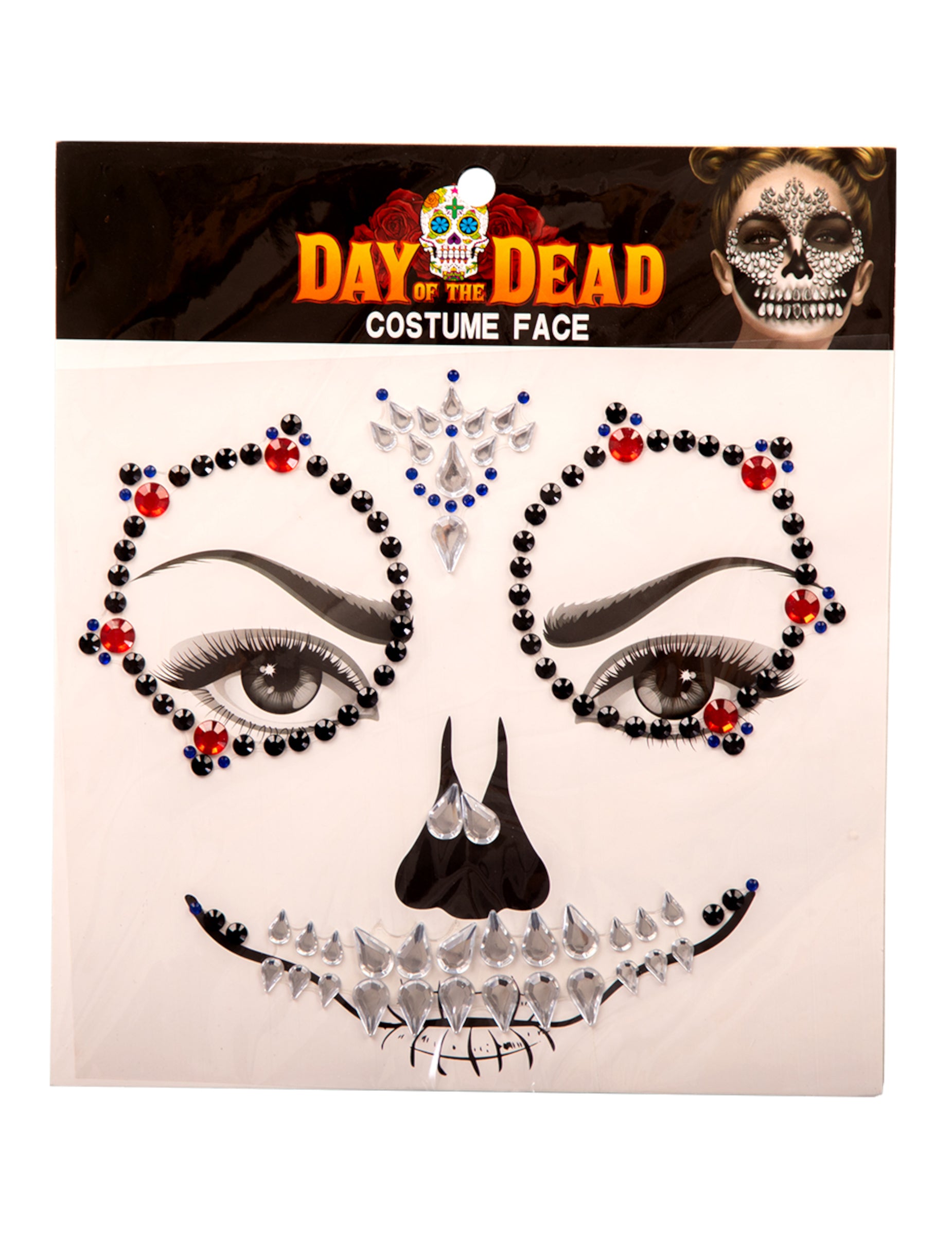 Strass pour visage Dia de los muertos pour adulte noir rouge et argenté